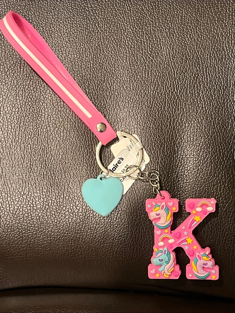 Claire's Pink Unicorn 'K' Key & Heart Charm Keychain and bag charm NWT